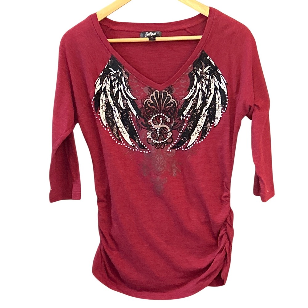 Southpole Red Angel Wing Rhinestone Top XL Y2K Embellished Rock Graphic Tee